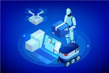 İzometrik dron hızlı teslimat şehrin malların. Teknolojik sevk irsaliyesi yenilik kavramı. Özerk lojistik. Robot teslim web kavramı