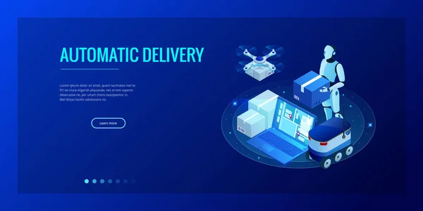 Isometric Drone Livrare rapidă a mărfurilor în oraș. Conceptul de inovare în domeniul transporturilor tehnologice. Logistică autonomă. Conceptul web de livrare roboți — Vector de stoc