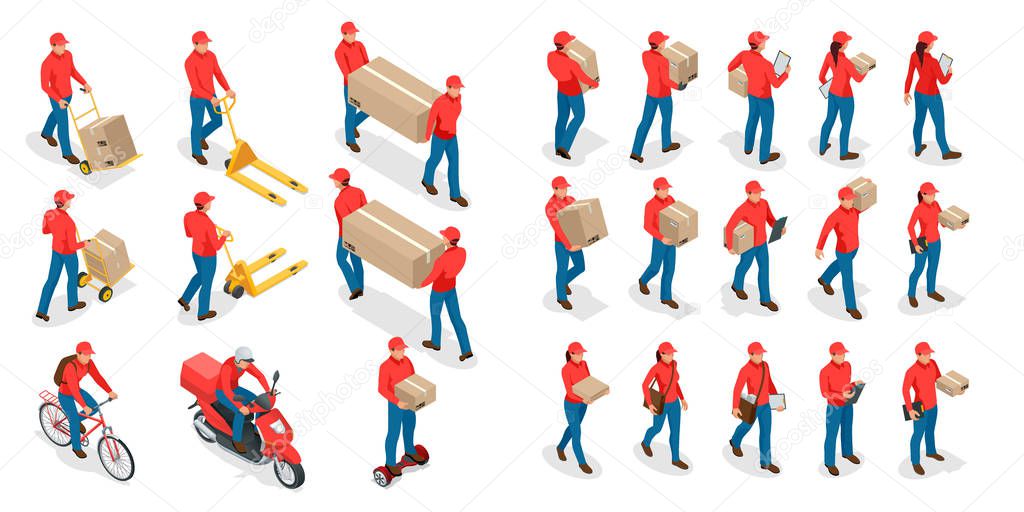 Isometric big set of delivery man and woman in uniform holding boxes and documents in different poses. Collection delivery service workers isolated on white background.
