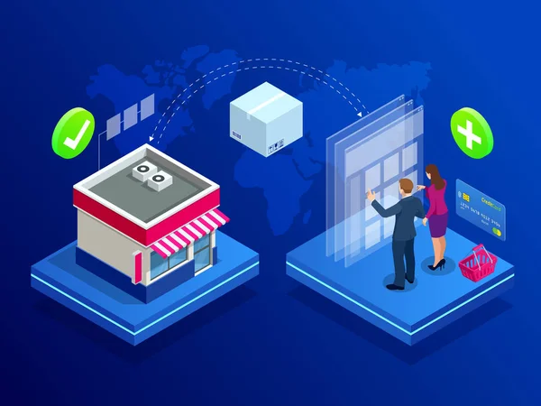 Konsep Isometric Online Internet Store. Konsep toko online, toko online. E-commerce dan pemasaran. Ilustrasi vektor ungu biru . - Stok Vektor