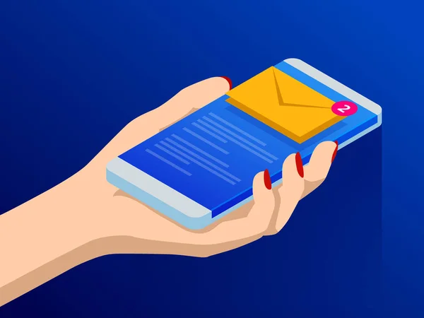 Isometric email or sms app on a smartphone screen. New message is received. Female fingers touching smartphone with mail icon on it. Vector illustration. — Stock Vector