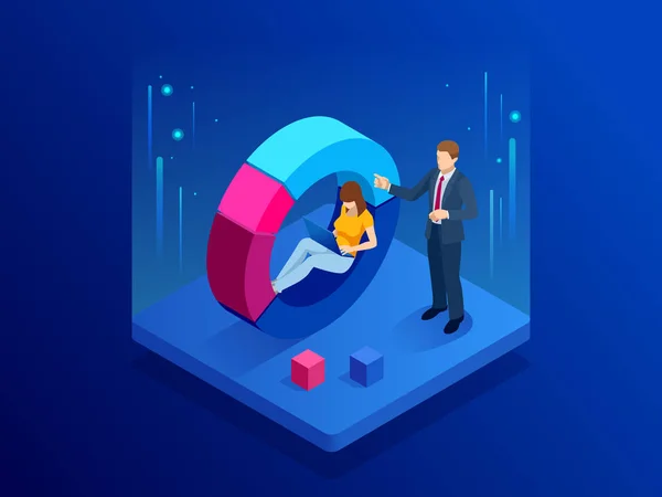Isometric man and woman interacting with charts and analysing statistics and data. Circle business graphic elements. Business process vector illustration — Stock Vector
