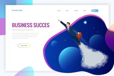 İzometrik tasarım iş başlangıç web afiş için. Başlamak yukarıya. Gelir ve başarı. Dijital dönüştürme. Teknoloji gelecek. Alan, yaratıcılık, hayal gücü, yenilik için kavram işadamı