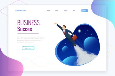 İzometrik tasarım iş başlangıç web afiş için. Başlamak yukarıya. Gelir ve başarı. Dijital dönüştürme. Teknoloji gelecek. Alan, yaratıcılık, hayal gücü, yenilik için kavram işadamı