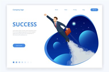 İzometrik tasarım iş başlangıç web afiş için. Başlamak yukarıya. Gelir ve başarı. Dijital dönüştürme. Teknoloji gelecek. Alan, yaratıcılık, hayal gücü, yenilik için kavram işadamı