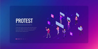 İnsanlar protestocular izometrik kalabalık. Erkek ve kadın protestocular veya eylemciler. Holding afiş ve afişlerin. Siyasi toplantı, tören veya ralli katılan kadın ve erkek. Vektör çizim