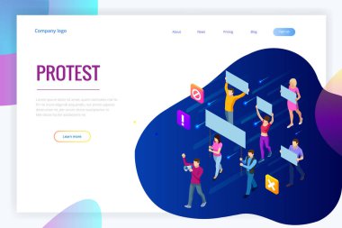 İnsanlar protestocular izometrik kalabalık. Erkek ve kadın protestocular veya eylemciler. Holding afiş ve afişlerin. Siyasi toplantı, tören veya ralli katılan kadın ve erkek. Vektör çizim