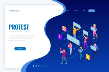 İnsanlar protestocular izometrik kalabalık. Erkek ve kadın protestocular veya eylemciler. Holding afiş ve afişlerin. Siyasi toplantı, tören veya ralli katılan kadın ve erkek. Vektör çizim