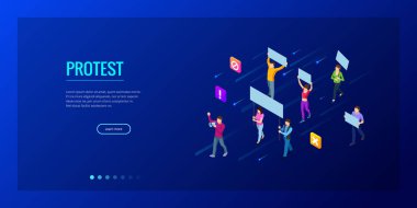İnsanlar protestocular izometrik kalabalık. Erkek ve kadın protestocular veya eylemciler. Holding afiş ve afişlerin. Siyasi toplantı, tören veya ralli katılan kadın ve erkek. Vektör çizim