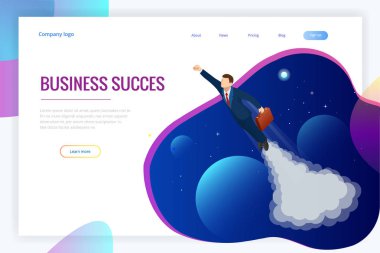 İzometrik tasarım iş başlangıç web afiş için. Başlamak yukarıya. Gelir ve başarı. Dijital dönüştürme. Teknoloji gelecek. Alan, yaratıcılık, hayal gücü, yenilik için kavram işadamı