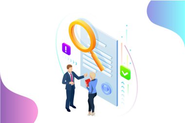İzometrik dijital pazarlama stratejisi kavramı. Online iş, internet pazarlama fikir, ofis ve finans nesneleri, arama motoru optimizasyonu, Seo, Smm, reklam. Vektör çizim
