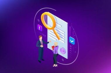 İzometrik dijital pazarlama stratejisi kavramı. Online iş, internet pazarlama fikir, ofis ve finans nesneleri, arama motoru optimizasyonu, Seo, Smm, reklam. Vektör çizim