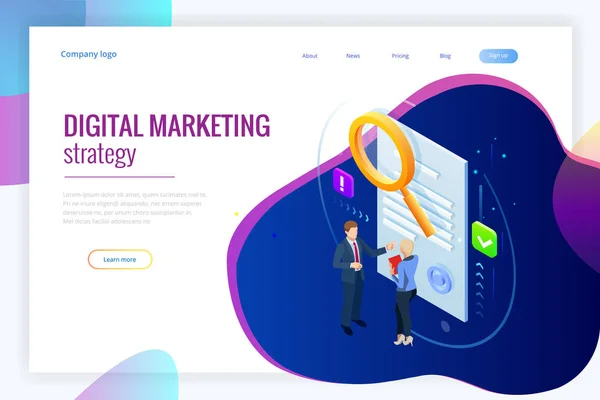 Izometrikus digitális marketing stratégia koncepciót. Online üzleti, internet marketing ötlet, iroda- és pénzügyek objektumokat, search engine Optimization, Seo, Smm, reklám. Vektoros illusztráció — Stock Vector