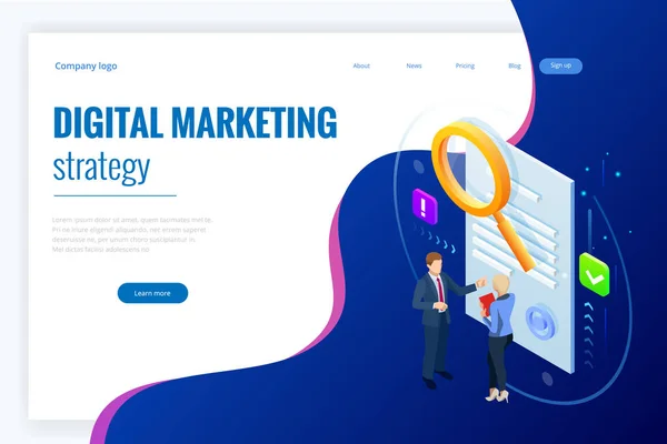 Conceito de estratégia de marketing digital isométrico. Negócios online, ideia de marketing na internet, objetos de escritório e finanças, otimização de mecanismos de busca, SEO, SMM, publicidade. Ilustração vetorial — Vetor de Stock