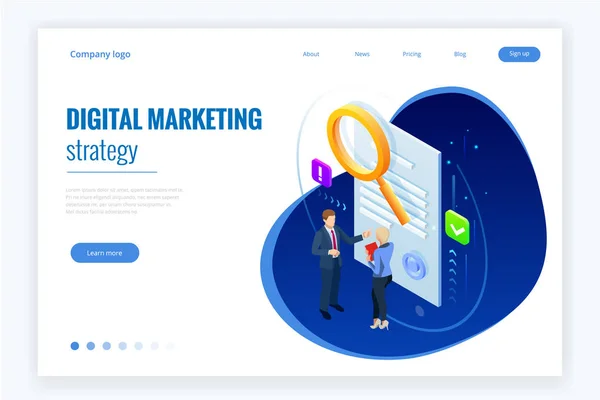 Isometric digital marketing strategy concept. Online business, internet marketing idea, office and finance objects, search engine optimisation, SEO, SMM, advertising. Vector illustration — Stock Vector