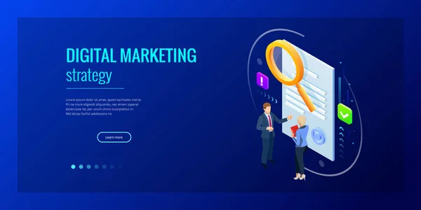 Isometric digital marketing strategy concept. Online business, internet marketing idea, office and finance objects, search engine optimisation, SEO, SMM, advertising. Vector illustration — Stock Vector
