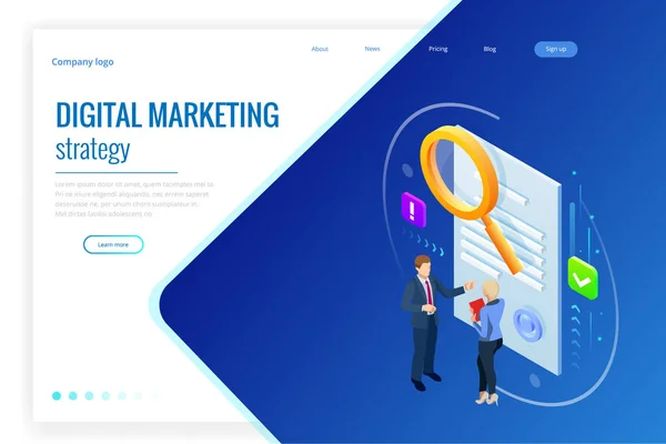 Conceito de estratégia de marketing digital isométrico. Negócios online, ideia de marketing na internet, objetos de escritório e finanças, otimização de mecanismos de busca, SEO, SMM, publicidade. Ilustração vetorial —  Vetores de Stock