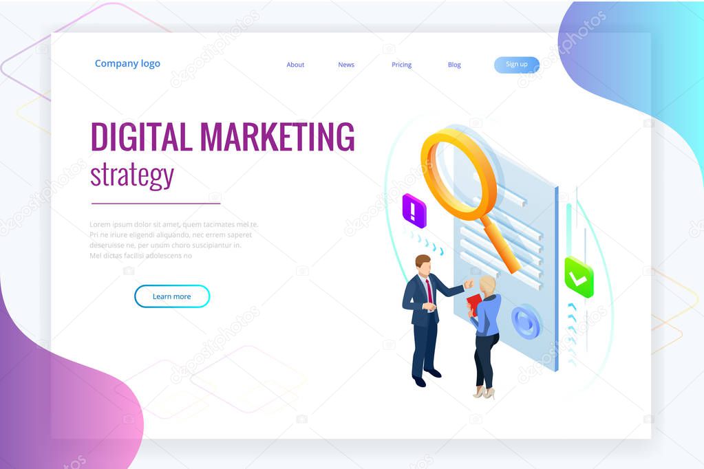 Isometric digital marketing strategy concept. Online business, internet marketing idea, office and finance objects, search engine optimisation, SEO, SMM, advertising. Vector illustration