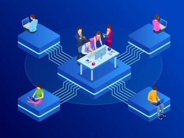 İş takım çalışması ve dijital pazarlama, izometrik kavramı yaratıcı yenilik. Web banner düz tasarımı iş online, teşviki iş fikirleri kalkış puan verin. VCTOR illüstrasyon