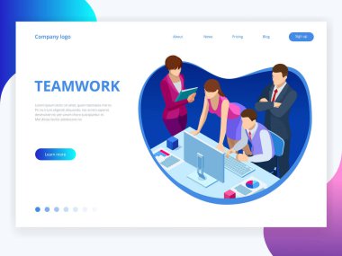 İş takım çalışması ve dijital pazarlama, izometrik kavramı yaratıcı yenilik. Web banner düz tasarımı iş online, teşviki iş fikirleri kalkış puan verin. VCTOR illüstrasyon