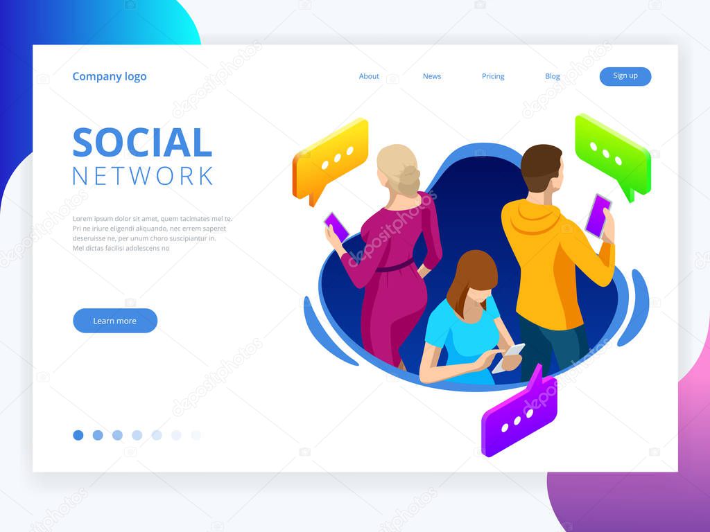 Isometric business people group using smart phone, tablet for working or playing social network. Online sharing connection. Vector illustration