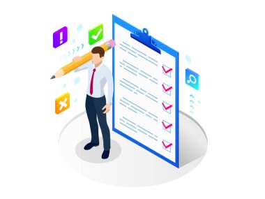 İzometrik işadamı kontrol listesi ile ve yapılacaklar listesi. Pano bir kontrol listesi ile. Proje yönetimi, planlama ve tamamlanan görevler kavramının skor tutmak.