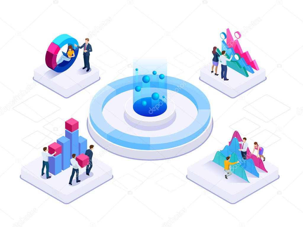 Isometric concept of business teams meeting working with new startup project, analysis data the charts and graphs, discussion. Consulting for company performance, analysis, accounting