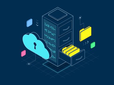 İzometrik büyük veri depolama ve bulut bilgisayar servis satırlarında bilgisayar. Modern web ağ ve Internet telekomünikasyon teknoloji vektör çizim