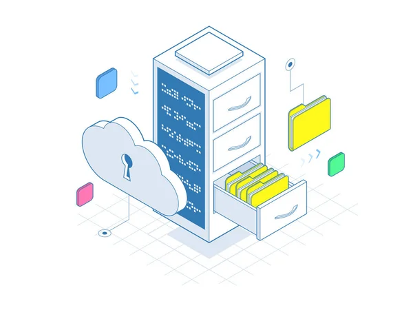 Isometrische grote gegevensopslag en cloud computing dienst van de computer op regels. Moderne web netwerk- en internet telecommunicatie technologie vectorillustratie — Stockvector