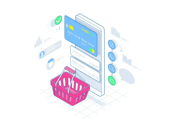 Isometrisches Smartphone-Online-Shopping auf Linien-Konzept. E-Commerce. Vektorillustration — Stockvektor