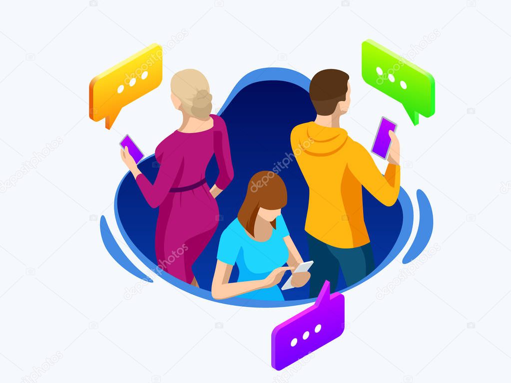 Isometric business people group using smart phone, tablet for working or playing social network. Online sharing connection. Vector illustration