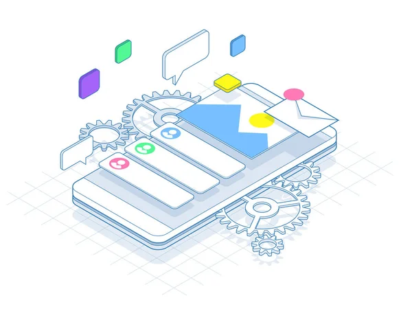 Téléphone isométrique avec engrenages, engrenages et concept de réparation de ligne. Illustration vectorielle de bannière de services mobiles . — Image vectorielle