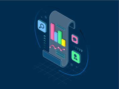 İzometrik iş analizi ve planlama, danışmanlık, proje yönetimi, mali rapor ve Strateji kavramı, hat illüstrasyon