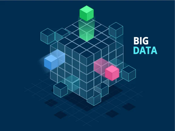 Isometric Abstract Big Data Cube, Box Data (em inglês). Ciência e tecnologia. Ilustração vetorial . — Vetor de Stock
