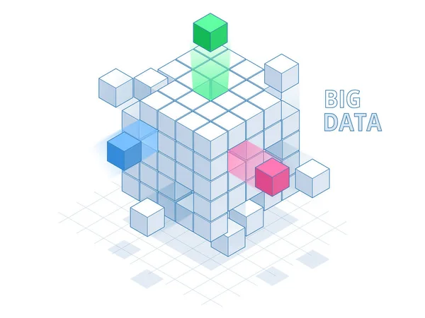 아이소메트릭 추상 큰 데이터 큐브, 상자 데이터입니다. 과학 및 기술입니다. 벡터 일러스트 레이 션. — 스톡 벡터