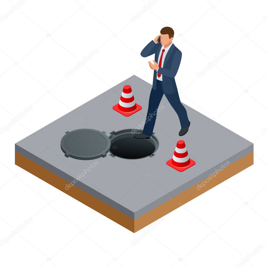 Isometric man talking on the phone and walks into the open hatch concept. Man into open manhole and repair of roads.