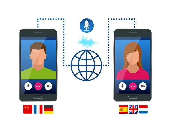 Traductor de voz en línea y aprendizaje de idiomas concepto. E-learning, traducir idiomas o audioguía. Inteligencia Artificial chatbot traductor . — Vector de stock