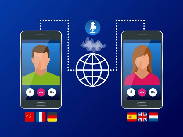 Traductor de voz en línea y aprendizaje de idiomas concepto. E-learning, traducir idiomas o audioguía. Inteligencia Artificial chatbot traductor . — Vector de stock