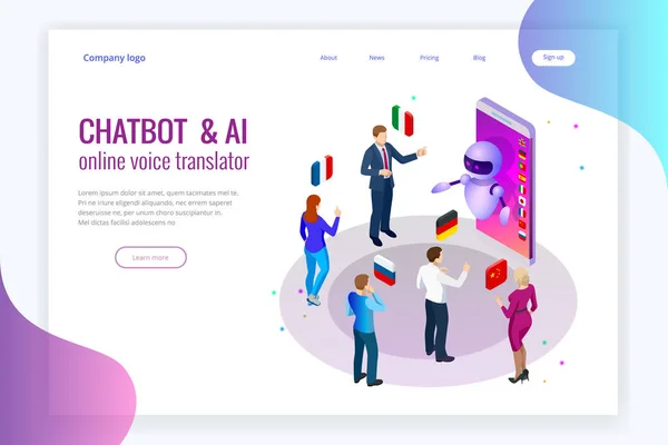 Traducteur vocal en ligne isométrique et concept de langues d'apprentissage. Apprentissage en ligne, traduction de langues ou audioguide. Traducteur chatbot intelligence artificielle . — Image vectorielle