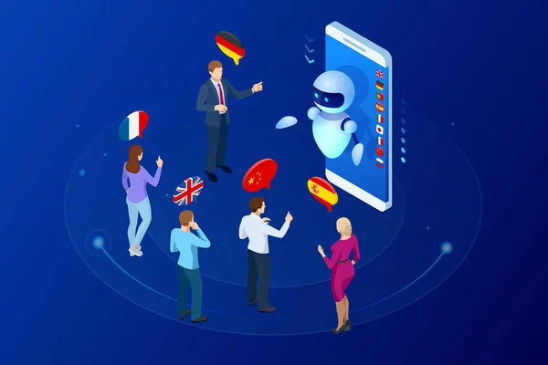 Traducteur vocal en ligne isométrique et concept de langues d'apprentissage. Apprentissage en ligne, traduction de langues ou audioguide. Traducteur chatbot intelligence artificielle . — Image vectorielle