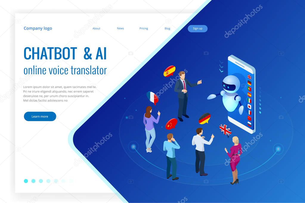 Isometric online voice translator and learning languages concept. E-learning, translate languages or audio guide. Artificial Intelligence chatbot translator.