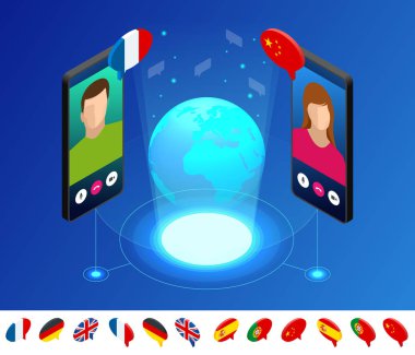 İzometrik online ses çevirmen ve öğrenme diller konsepti. Öğrenme, dil veya ses kılavuzu tercüme et. Yapay zeka sohbet etmek çevirmen.