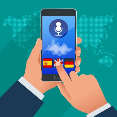 Online ses çevirmen ve öğrenme diller konsepti. E-öğrenme, dil veya ses kılavuzu tercüme. Yapay zeka sohbet etmek çevirmen.
