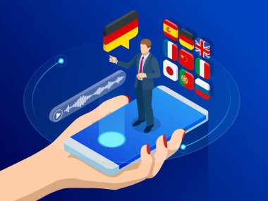İzometrik online ses çevirmen ve öğrenme diller konsepti. E-öğrenme, dil veya ses kılavuzu tercüme. Yapay zeka sohbet etmek çevirmen.