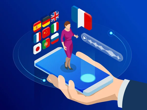 Traducteur vocal en ligne isométrique et concept de langues d'apprentissage. Apprentissage en ligne, traduction de langues ou audioguide. Traducteur chatbot intelligence artificielle . — Image vectorielle