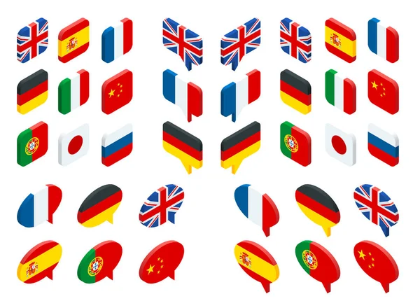 Isometrisch gesetzte Flaggen der Welt. Vektor isolierte Flaggen Symbole — Stockvektor