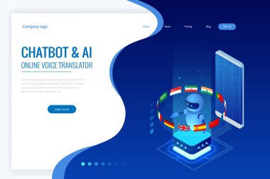 İzometrik online dil yapay zeka ya da öğretmen bot kavramı ile öğrenme. Online dil okulu yaşam tarzı. Eğitim kavramı.