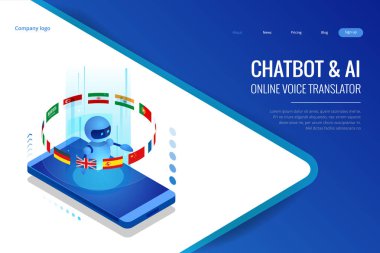 İzometrik online dil yapay zeka ya da öğretmen bot kavramı ile öğrenme. Online dil okulu yaşam tarzı. Eğitim kavramı.