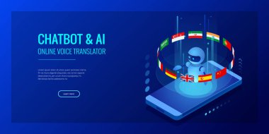 İzometrik online dil yapay zeka ya da öğretmen bot kavramı ile öğrenme. Online dil okulu yaşam tarzı. Eğitim kavramı.