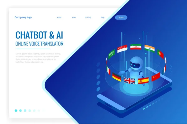 Izometryczny do nauki języków obcych z sztucznej inteligencji lub koncepcji bot nauczyciel nauka. Styl życia szkoły językowe online. Koncepcja edukacji. — Wektor stockowy